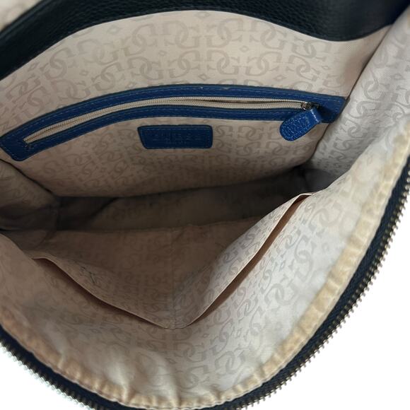 Guess Backpack Black Blue Pebbled Leather Silver Metal Logo Bag 10"x11.75"x4" - Picture 4 of 13